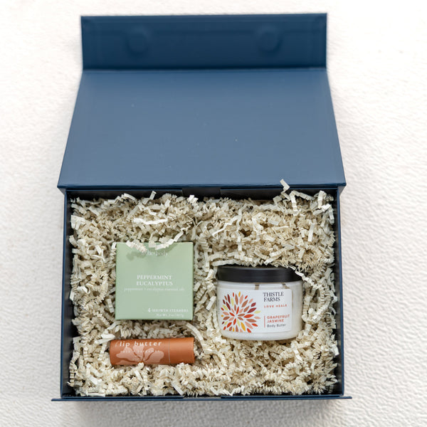 gift box with body butter, shower steamer and lip butter